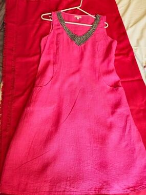 Lina Tomei Beaded V-Neck Hot Pink Shift Top